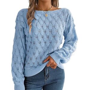 WOMENS RIBBED KNIT PULLOVER SWEATER OFF SHOULDER TOP  SOFT LIGHT BLUE SZ SMALL